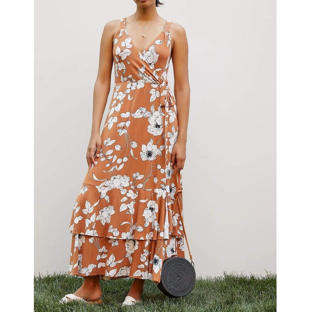 By Anthropologie Ruffled Floral Midi Dress Large, Faux Wrap Sleeveless Tiered